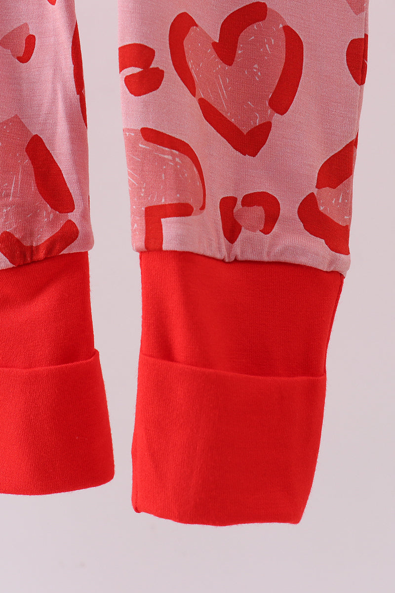 Red heart print bamboo zipper romper
